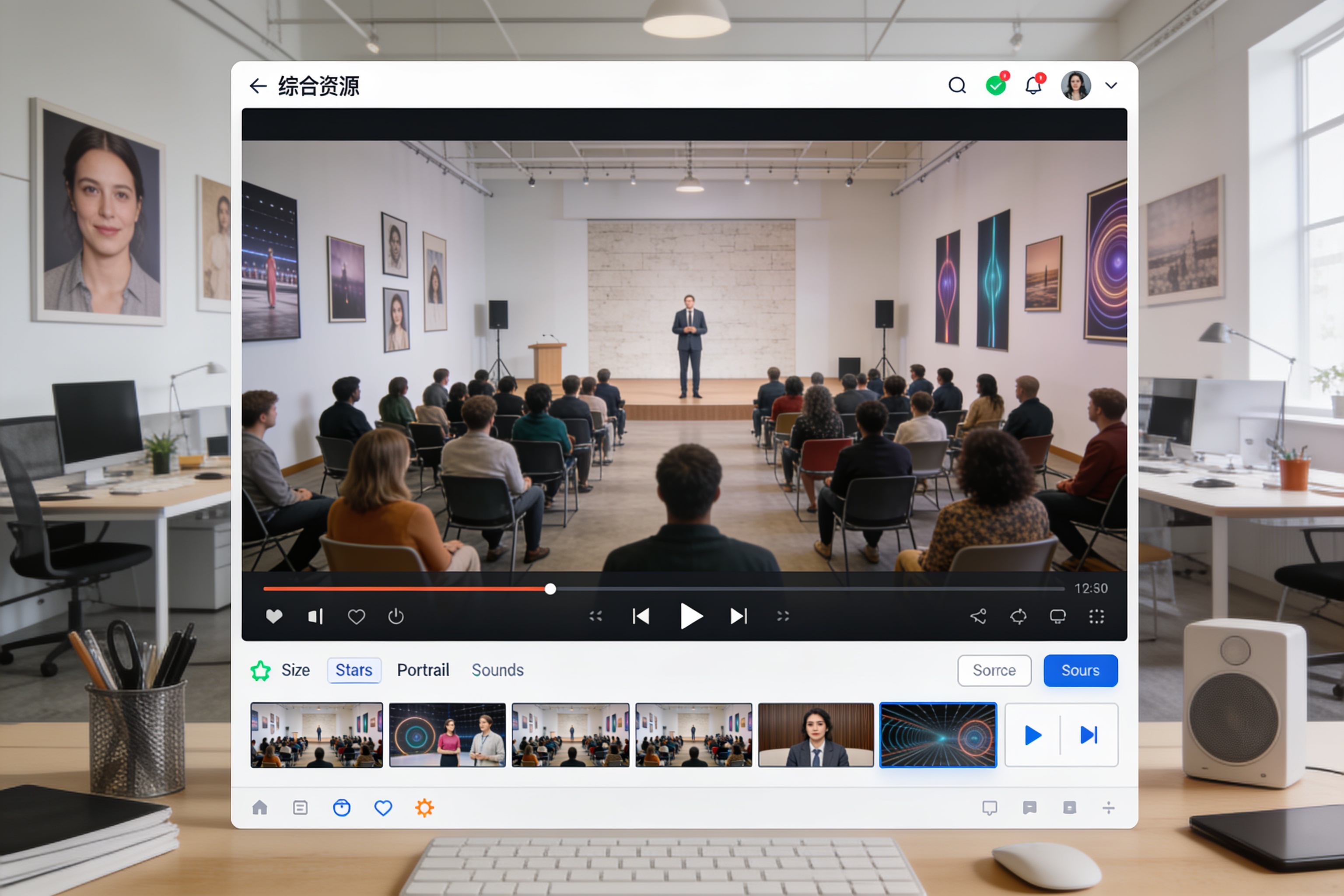 视频资源平台界面展示，包含播放控制栏、清晰度选项和资源状态指示器的综合视图